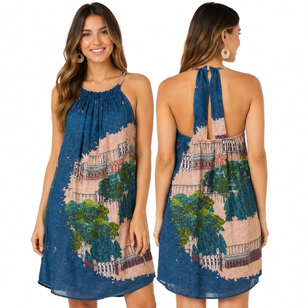 Lavand Halter Dress M Blue Scenic Landscape Print Ruffle Neck Keyhole Back Knee